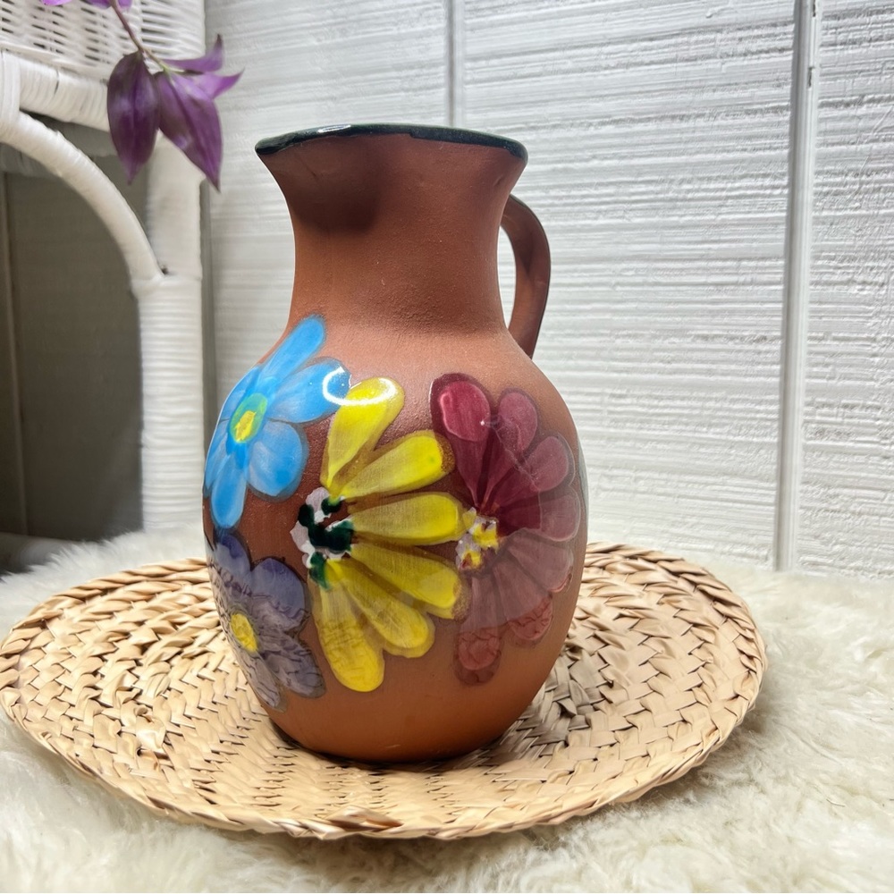 Vintage hand painted flowers terracotta vase with handle